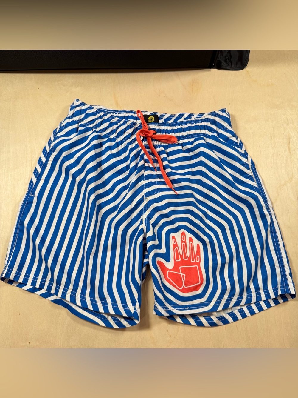 Men’s Vtg Body Glove Swim Trunk Blue & White Stripe W/Orange Hand Size Large/34